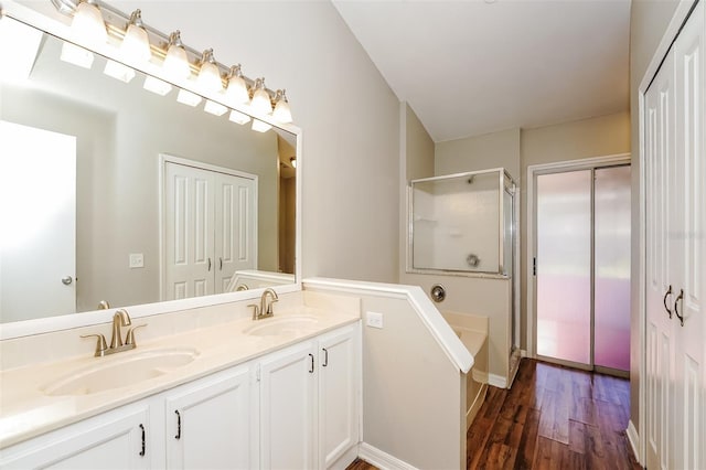 bathroom featuring vanity, wood-type flooring, and walk in shower