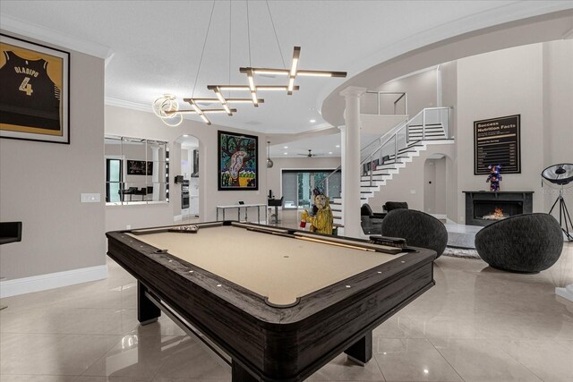 rec room featuring crown molding, pool table, ceiling fan, and ornate columns