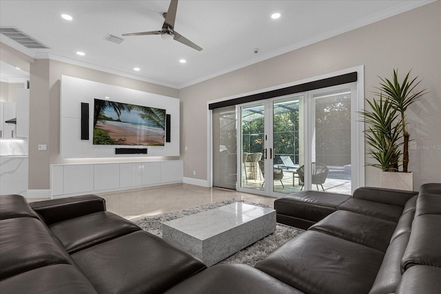 living room featuring ornamental molding, ceiling fan, and french doors