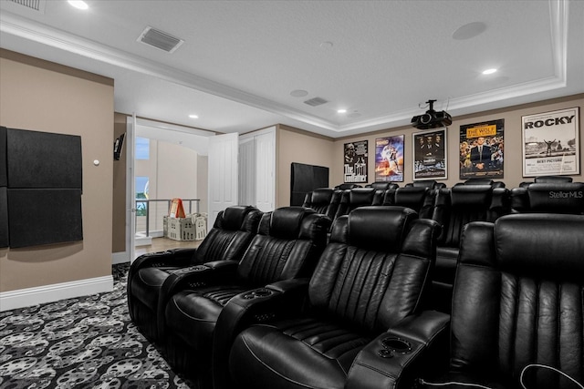 cinema with crown molding and a raised ceiling