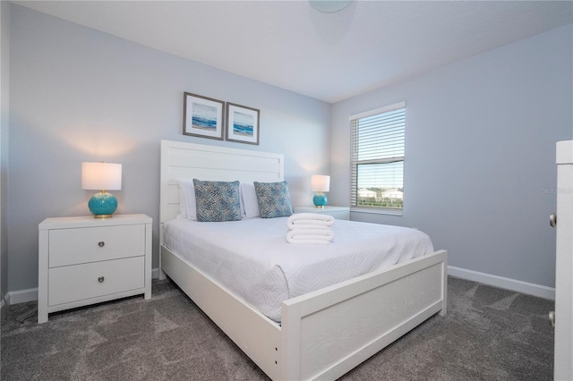 bedroom featuring dark colored carpet