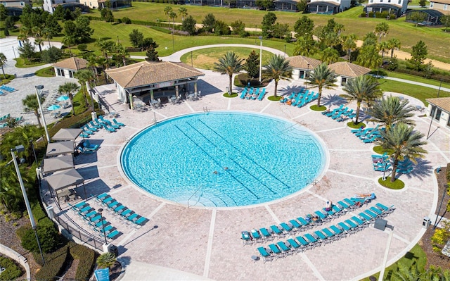 view of swimming pool featuring a gazebo and a patio area