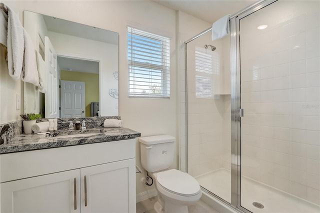 bathroom with vanity, toilet, and a stall shower