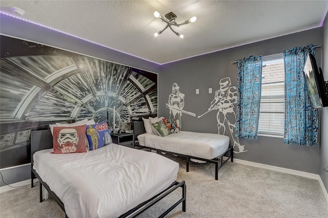 carpeted bedroom with an inviting chandelier