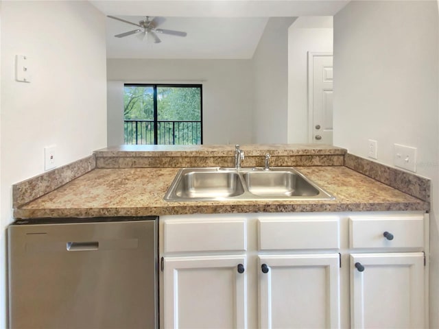 kitchen with dishwasher, white cabinetry, ceiling fan, and sink