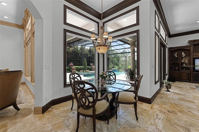 dining space with ornamental molding