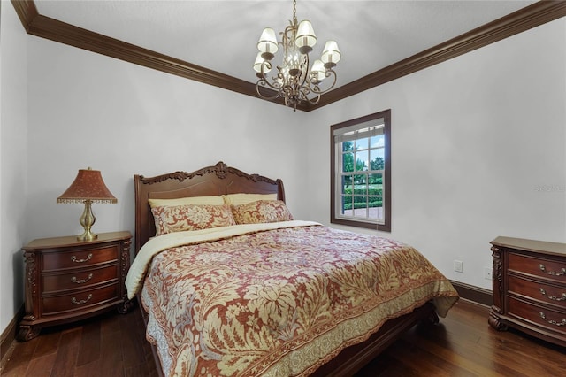 bedroom with ornamental molding, a notable chandelier, and dark hardwood / wood-style flooring