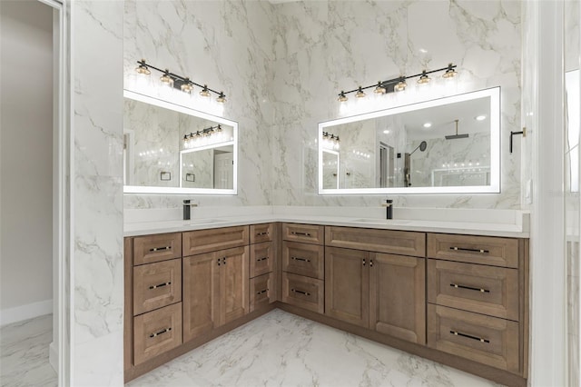 bathroom featuring a shower and vanity