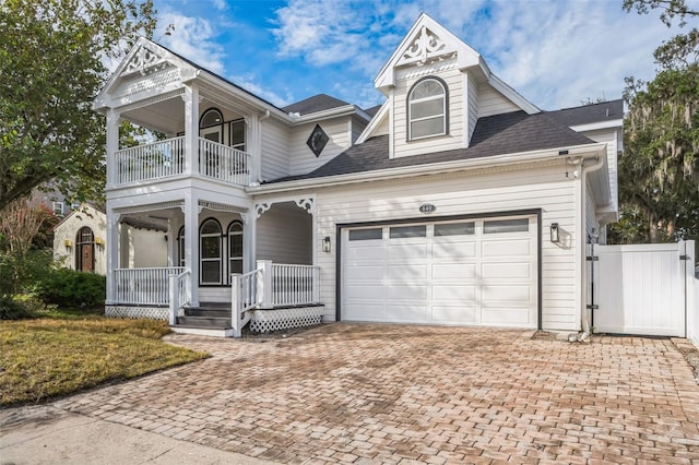 view of front facade featuring a garage, covered porch, and a balcony