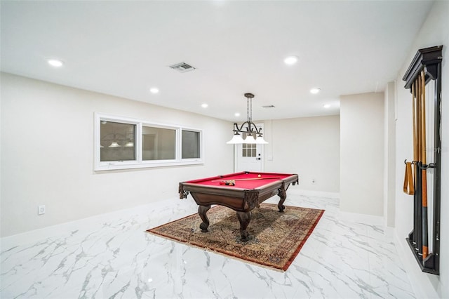 rec room with recessed lighting, marble finish floor, visible vents, and billiards