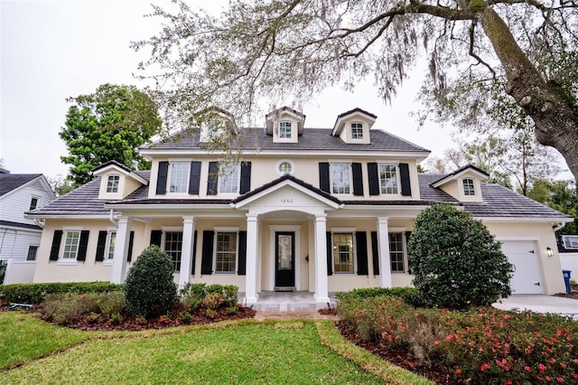 view of front of house with an attached garage, driveway, a front lawn, and stucco siding