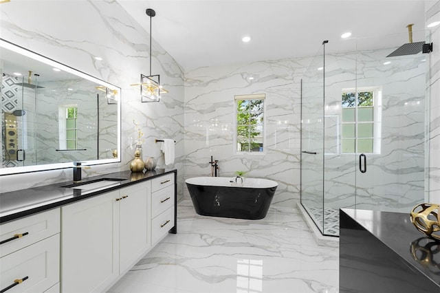 full bathroom with marble finish floor, stone wall, and a marble finish shower