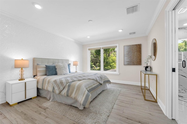 bedroom featuring visible vents, crown molding, baseboards, recessed lighting, and light wood-style floors