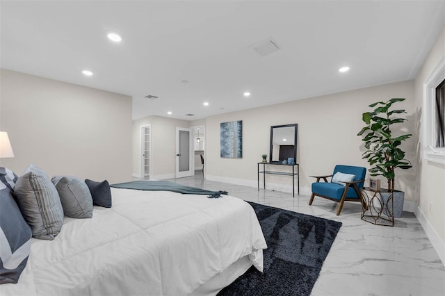 bedroom featuring baseboards, marble finish floor, visible vents, and recessed lighting