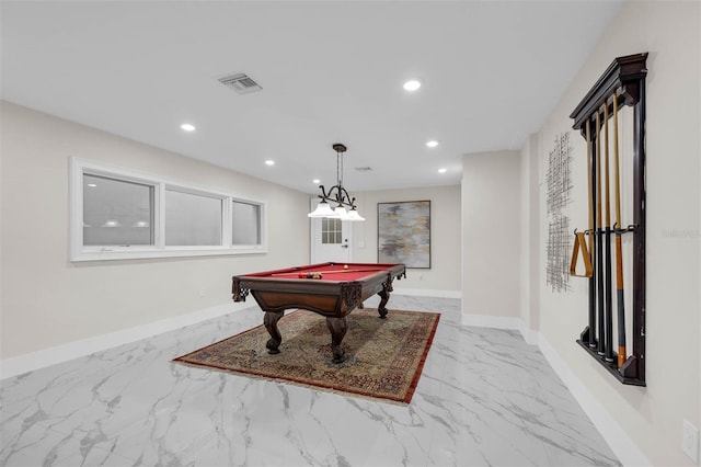 game room with baseboards, marble finish floor, pool table, and recessed lighting