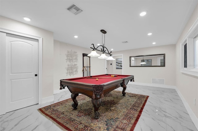 recreation room with marble finish floor, recessed lighting, baseboards, and visible vents