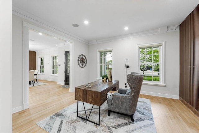 office area with recessed lighting, crown molding, baseboards, and light wood-type flooring