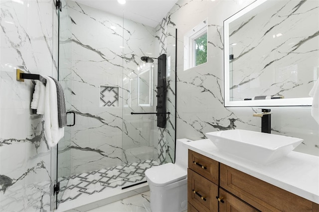 full bathroom featuring marble finish floor, stone wall, a marble finish shower, and vanity
