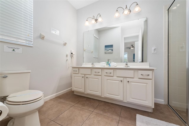 bathroom featuring ceiling fan, tile patterned floors, tiled shower, toilet, and vanity