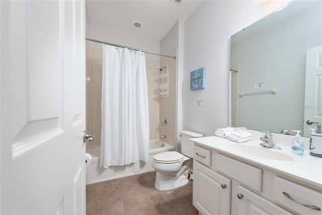 full bathroom with shower / bath combo, vanity, toilet, and tile patterned floors