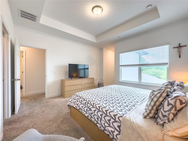 bedroom featuring a tray ceiling and light colored carpet