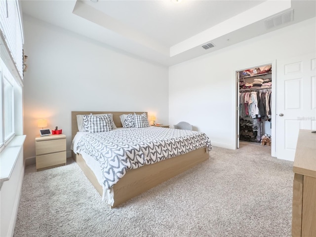 carpeted bedroom with a closet, a tray ceiling, and a spacious closet