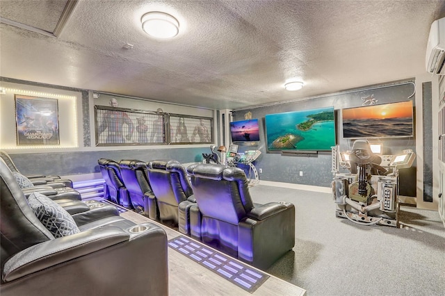 cinema room featuring carpet flooring, a wall mounted air conditioner, and a textured ceiling