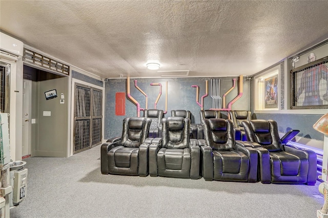 carpeted cinema room featuring a textured ceiling and a wall mounted AC