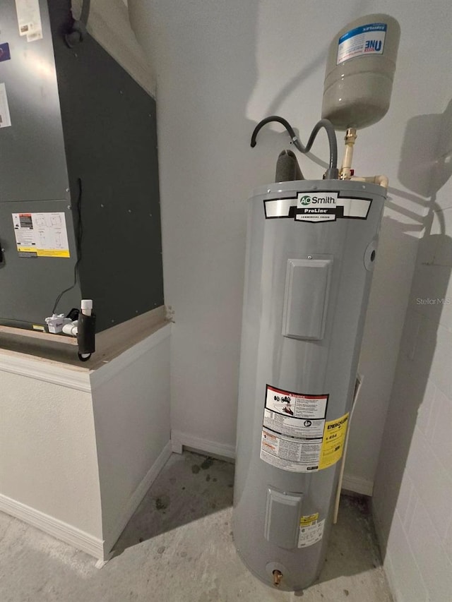 utility room with electric water heater and heating unit