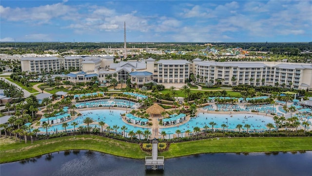 drone / aerial view with a water view