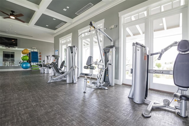 exercise room featuring a wealth of natural light, crown molding, ceiling fan, and coffered ceiling