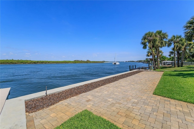 water view featuring a dock