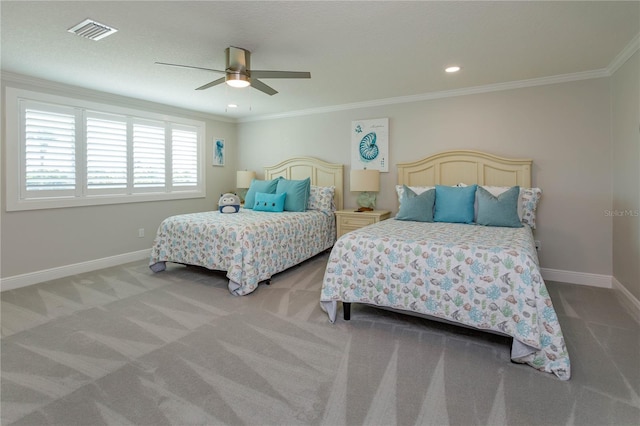 bedroom with baseboards, ornamental molding, light carpet, a ceiling fan, and recessed lighting