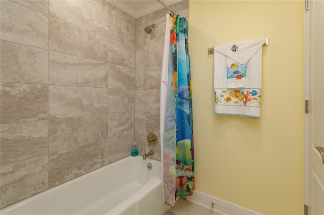 bathroom featuring crown molding and shower / bath combination with curtain