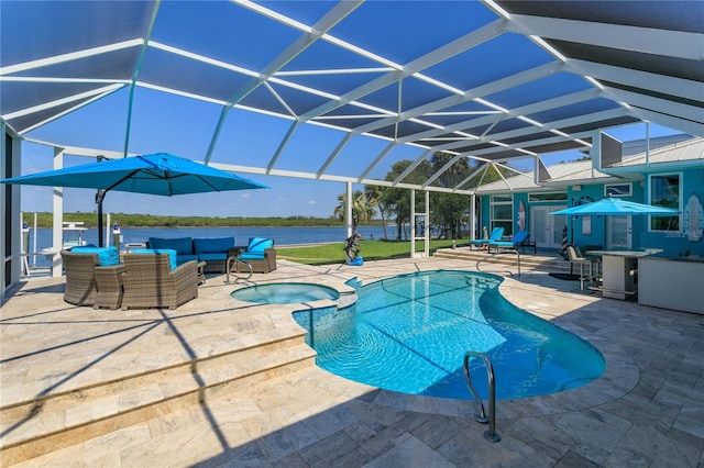 view of pool with an outdoor living space, glass enclosure, an in ground hot tub, a patio area, and a bar