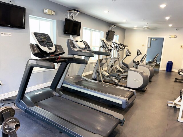 workout area featuring plenty of natural light and ceiling fan