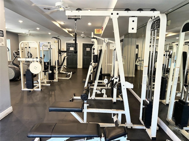 workout area featuring ceiling fan