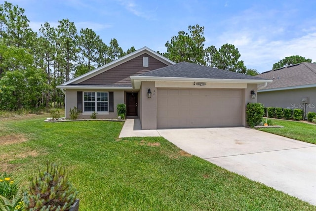 ranch-style home with a front lawn and a garage