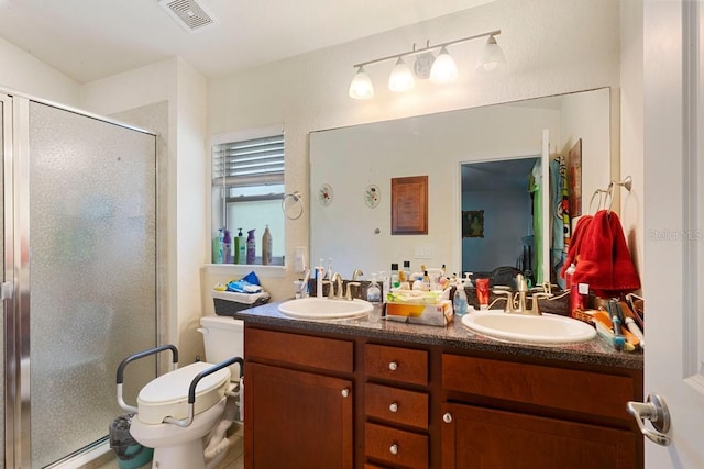 bathroom with walk in shower, vanity, toilet, and a baseboard radiator