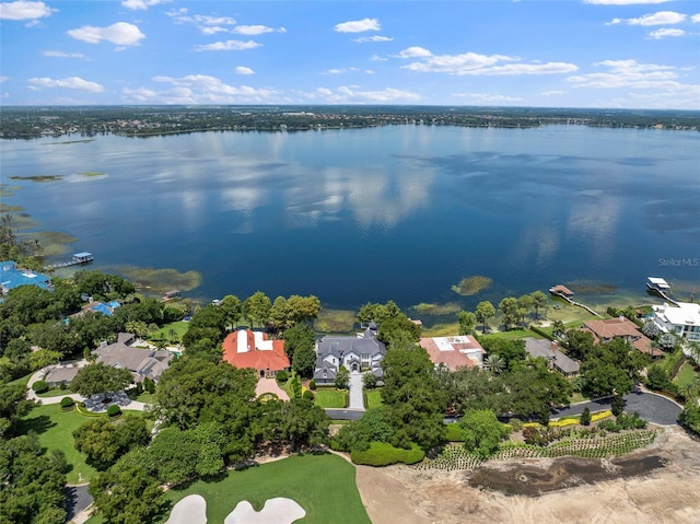 aerial view featuring a residential view and a water view