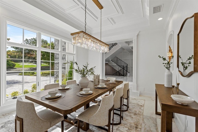 dining space with crown molding, a healthy amount of sunlight, visible vents, and marble finish floor