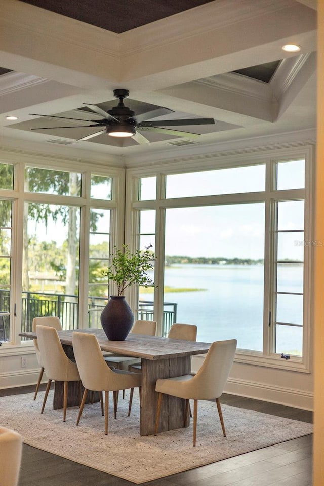 9832 Laurel Valley Dr, Windermere, FL 34786 - sunroom / solarium with coffered ceiling, ornamental molding, a water view, healthy amount of natural light, and wood finished floors