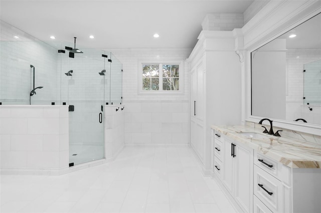 9832 Laurel Valley Dr, Windermere, FL 34786 - bathroom with a shower stall, vanity, recessed lighting, and tile patterned flooring