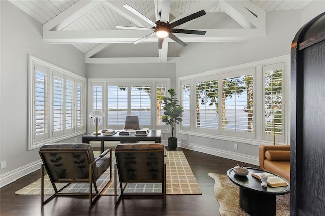 9832 Laurel Valley Dr, Windermere, FL 34786 - home office featuring ceiling fan, healthy amount of natural light, dark wood-style floors, and wooden ceiling