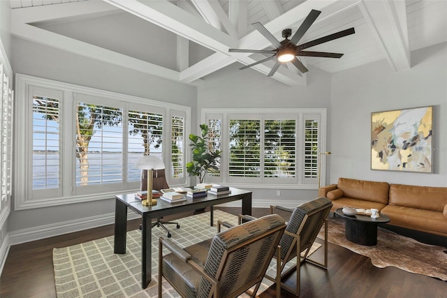 office space featuring beam ceiling, dark hardwood / wood-style flooring, high vaulted ceiling, and ceiling fan