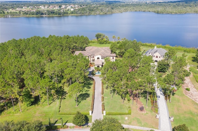 drone / aerial view with a water view