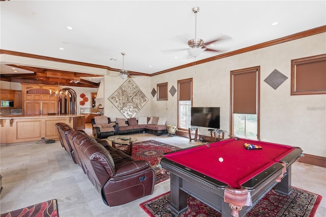 game room featuring ceiling fan with notable chandelier, crown molding, and billiards