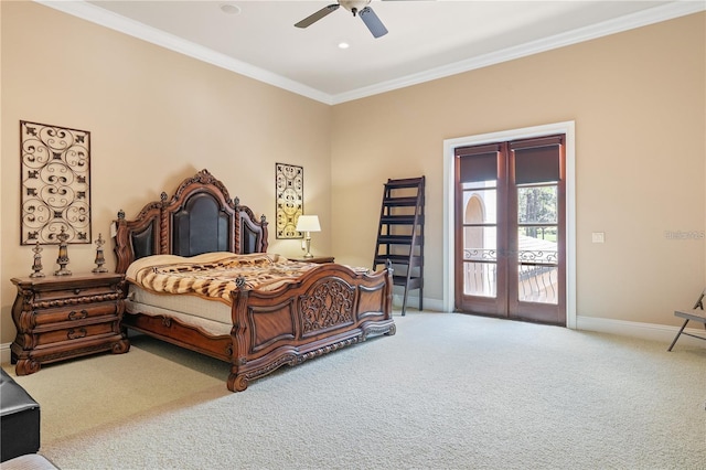 bedroom featuring access to exterior, french doors, ceiling fan, crown molding, and carpet floors