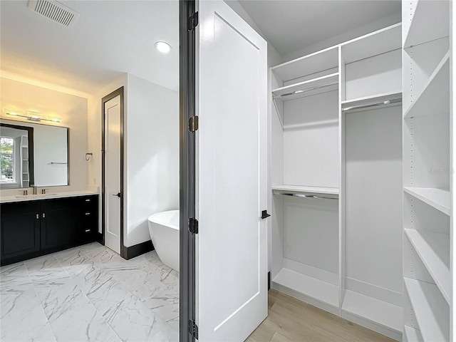 bathroom with vanity and a washtub