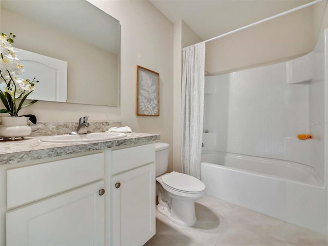 full bathroom with tile patterned floors, shower / tub combo with curtain, vanity, and toilet